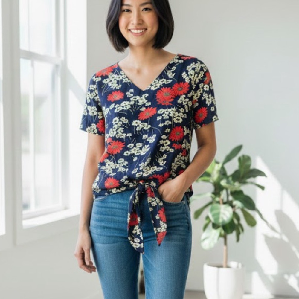 XSP Madewell Floral Tie-Front Blouse - Navy and Red